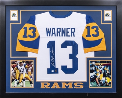 Kurt Warner Signed St. Louis Rams Road Jersey In 36x44 Framed Photo Collage Display (JSA)